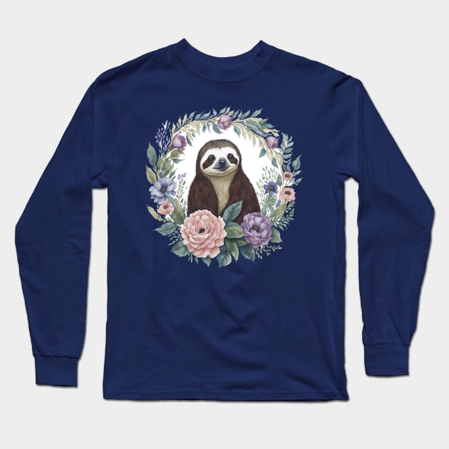 Sloth Portrait with Wreath Of Flowers Watercolor Mothers Day Long Sleeve T-Shirt by BraaiNinja